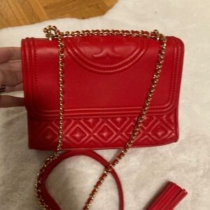 Tory Burch Red diamond quilted  Fleming  Crossbody with Tassel